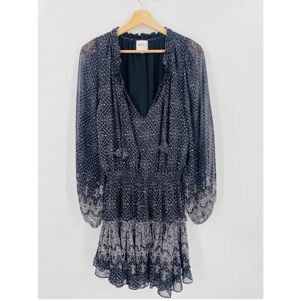 MISA LA Long Sleeve Smocked‎ Waist Lorena Dress black